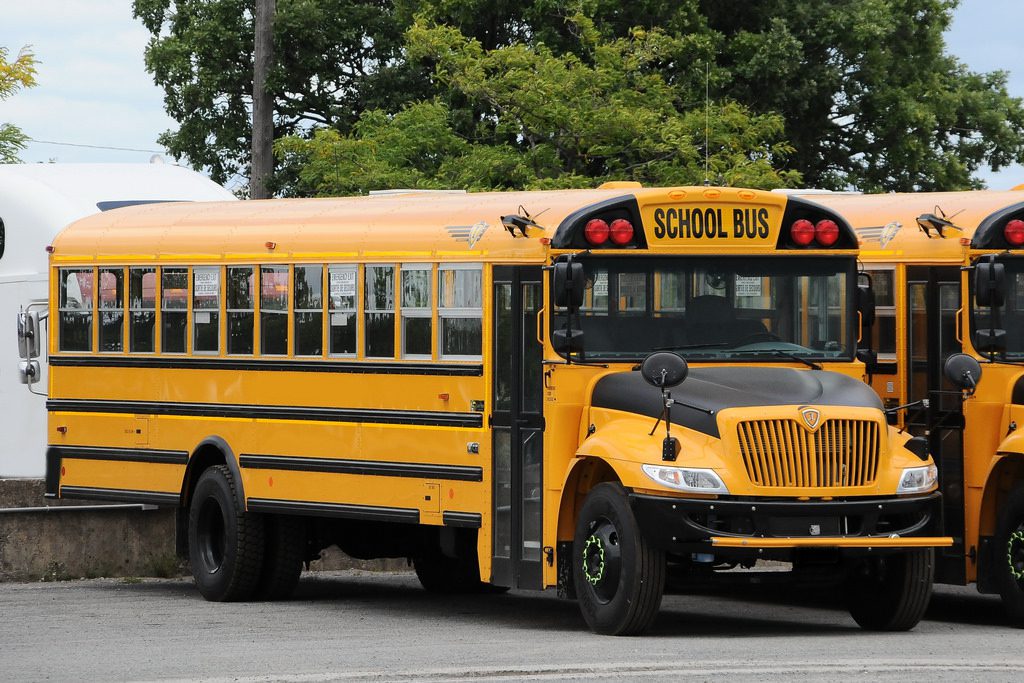 yellow school bus with trees in background